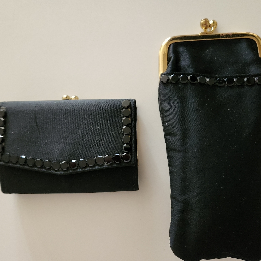 Vintage St. Thomas  Black Evening Wallet & Eyeglasses Case w Beaded Trim